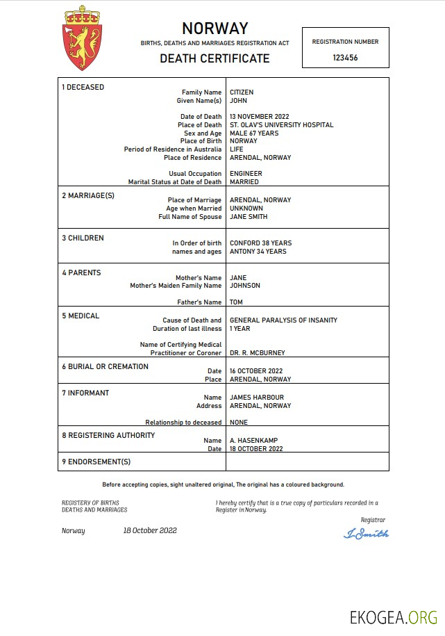 Modèle Word et PDF de certificat de décès de l'état civil de la Norvège